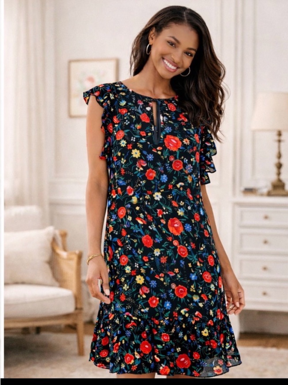 J Crew XL Flutter Sleeve Rose Printed Lined Ruffle Hem Short Dress
